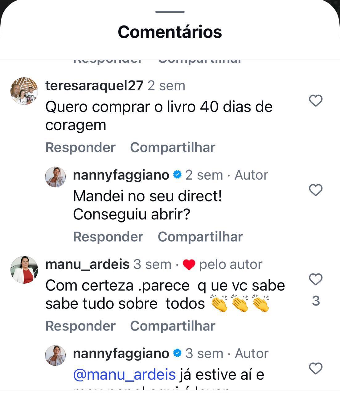 Print original 3 de comentários nos conteúdos da Nanny, com respostas da autora